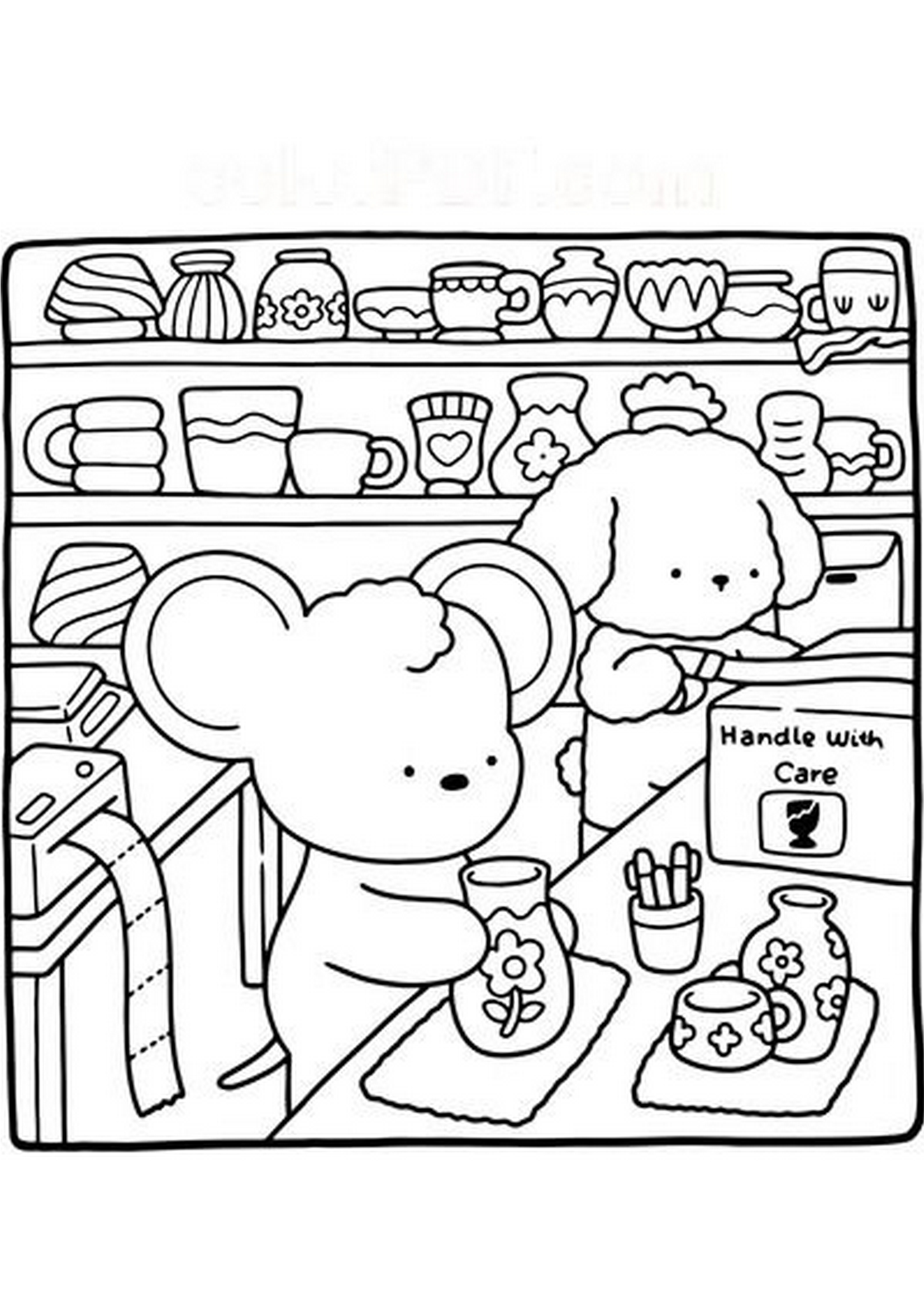 Cozy Buddies Shop With Dishes coloring page to download in PDF or to print