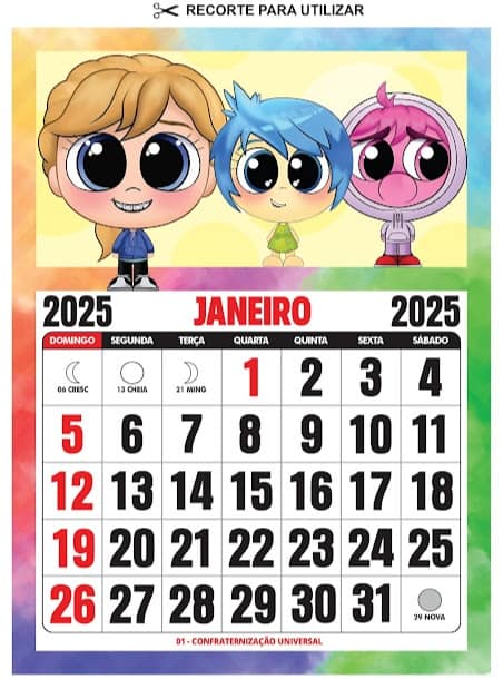 Calendario de 2025 da Divertida Mente