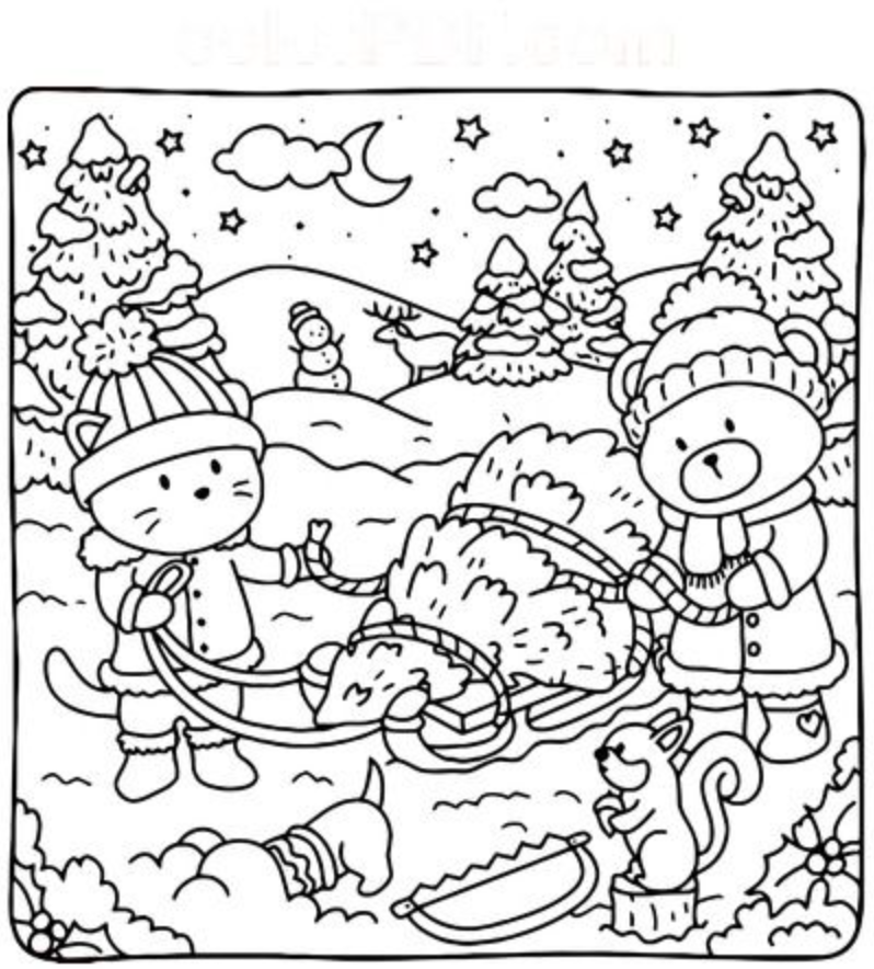 Árvore de Natal Cottage Friends colorir página para descarregar em PDF ou para imprimir