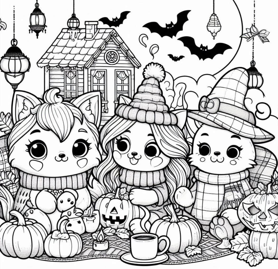 Cute Cozy Hallowen with friends Free Coloring Pages