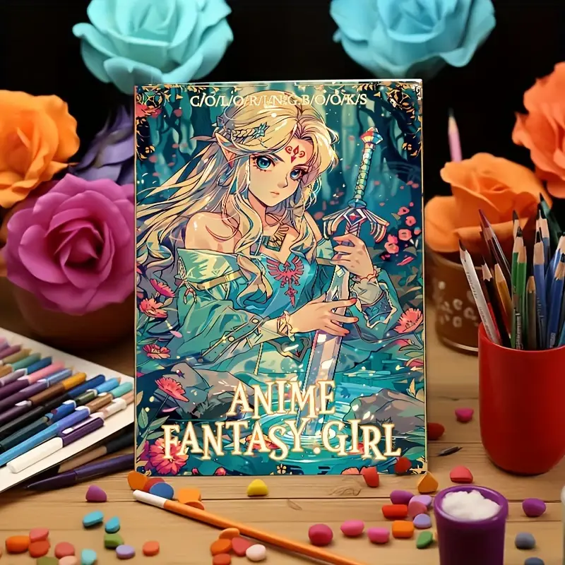 Livro de Colorir de Garota de Anime Fantasia para Adultos