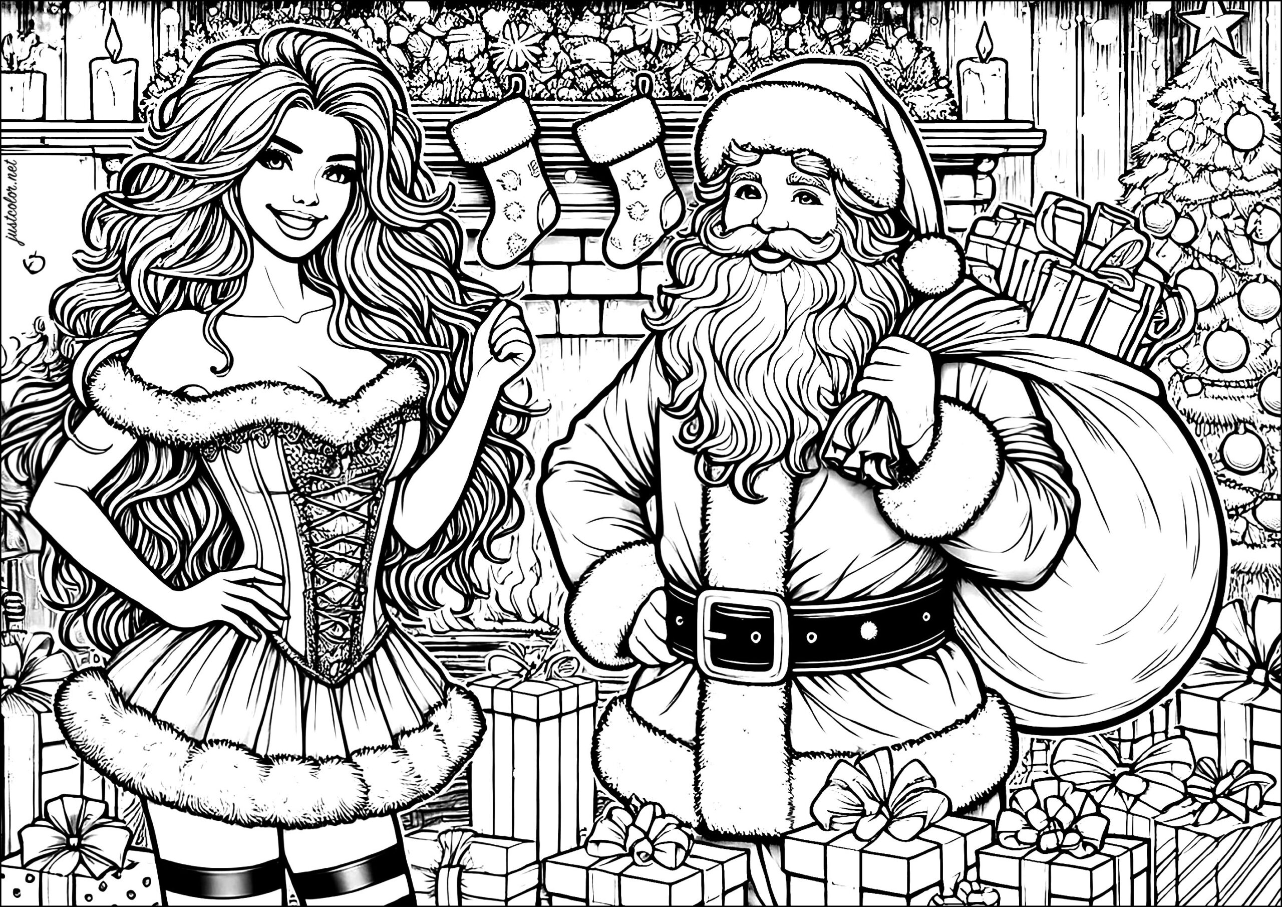 Christmas Coloring Page : Santa and a beautiful woman dressed