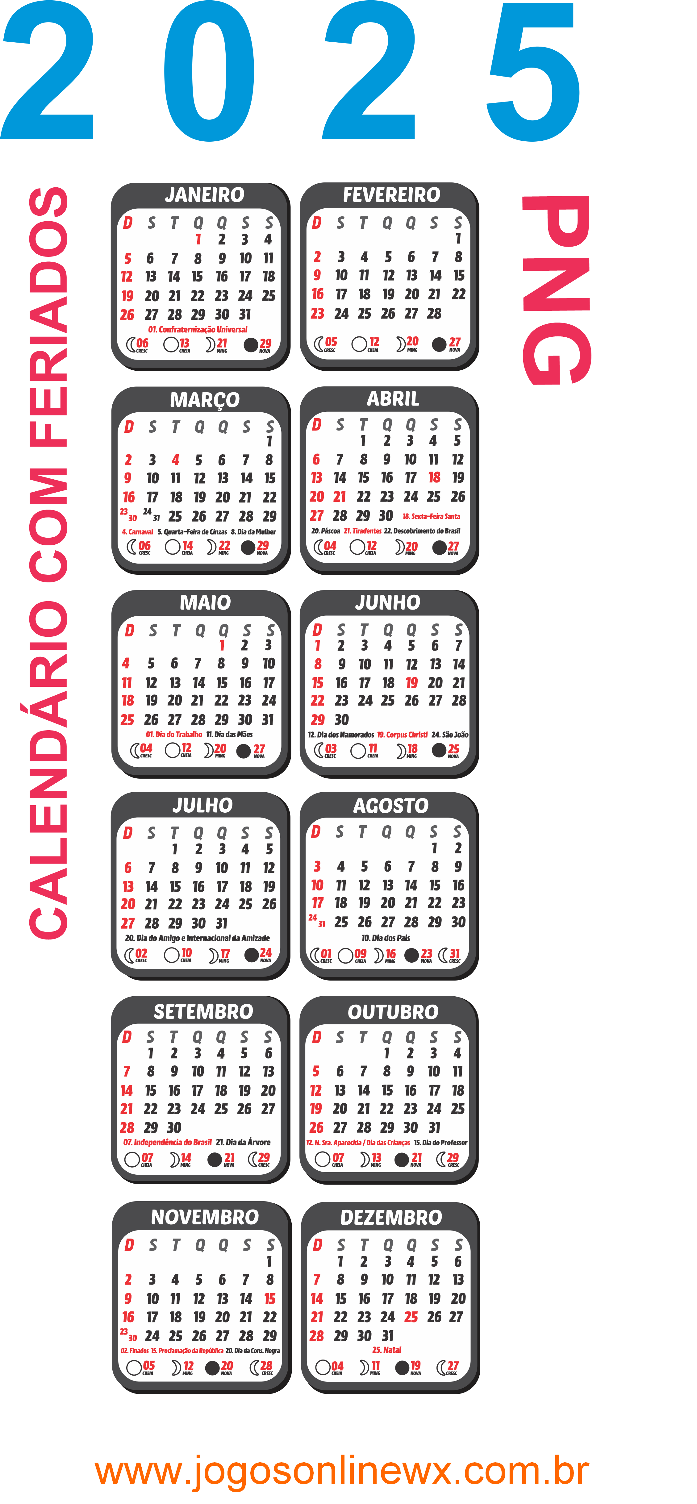 Calendário 2025 Vertical 2 x 6 Preto com Feriados